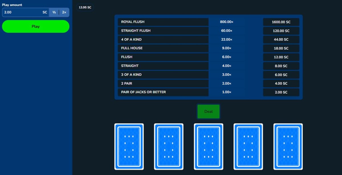 video poker at myprize start screen